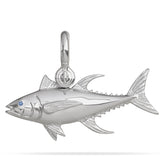 Sterling Silver Bluefin Tuna Pendant High Polished Mirror Finish With Blue Sapphire Eye with A Mariner Shackle Bail Custom Designed By Nautical Treasure Jewelry In The Florida Keys Islamorada